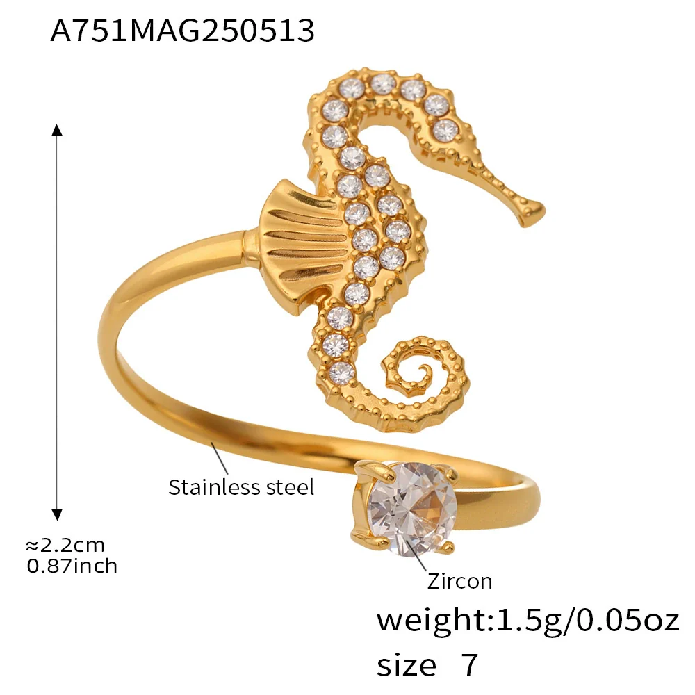 Wholesale Stainless Steel Electroplated Geometric Ferris Wheel Seahorse Octopus Shell Inlaid Ring For Women - Image 6