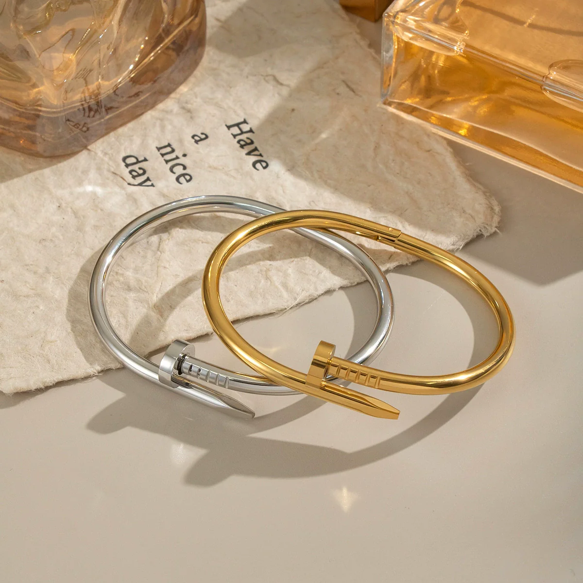 Wholesale Stainless Steel Electroplated Geometric Nailshaped Bracelet And Ring Set For Women