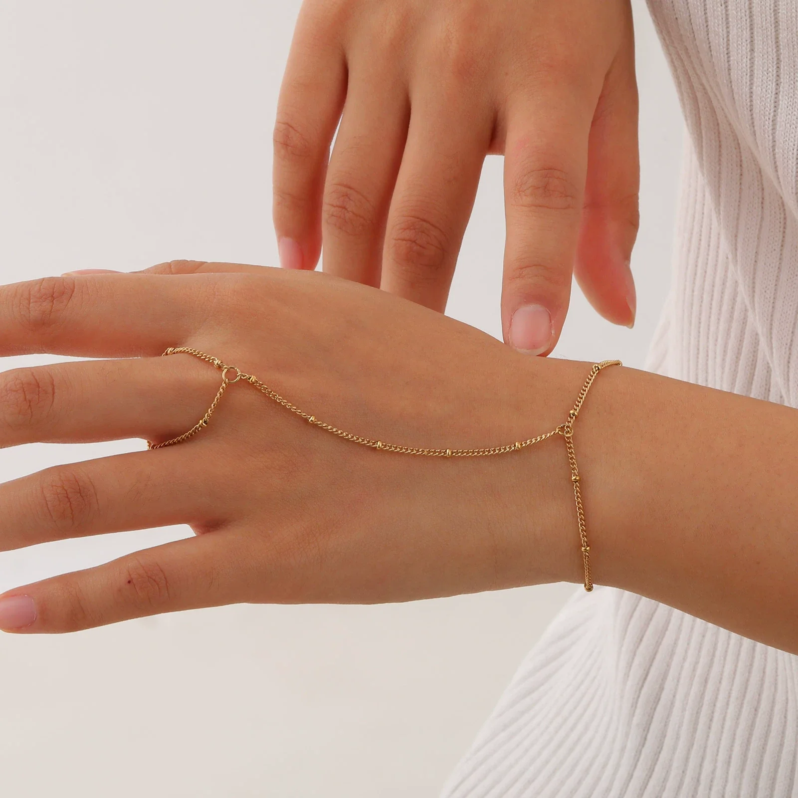 Wholesale Stainless Steel Fashion Hand Support Round Snake Chain Double Layer Overlapping Gold Plated Bracelet For Women - Image 3