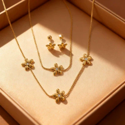 Wholesale Stainless Steel Floral Electroplated Jewelry Set For Women Necklace Bracelet Earrings - Image 2