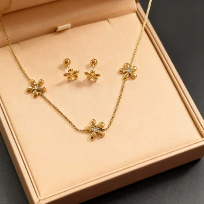 Wholesale Stainless Steel Floral Electroplated Jewelry Set For Women Necklace Bracelet Earrings - Image 3