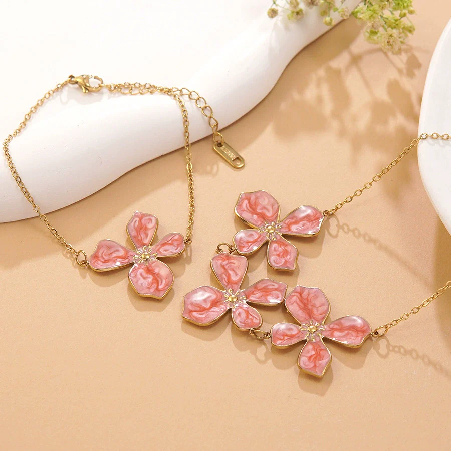 Wholesale Stainless Steel Floral Oil Dripping Jewelry Set For Women Necklace And Bracelet - Image 15