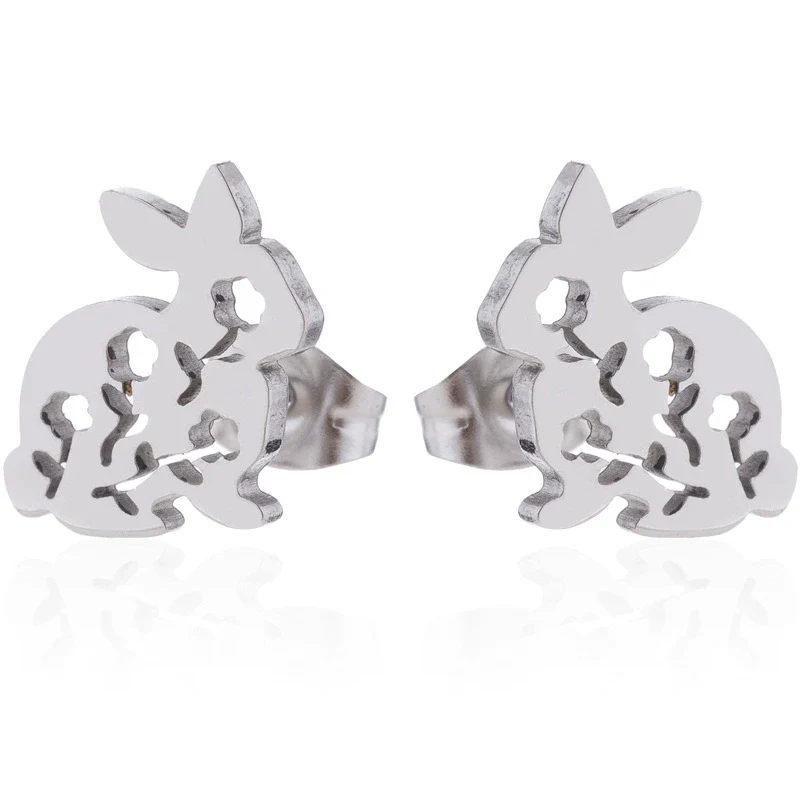 Wholesale Stainless Steel Hollow Flower And Rabbit Animal Earrings For Women With Electroplating Treatment - Image 8
