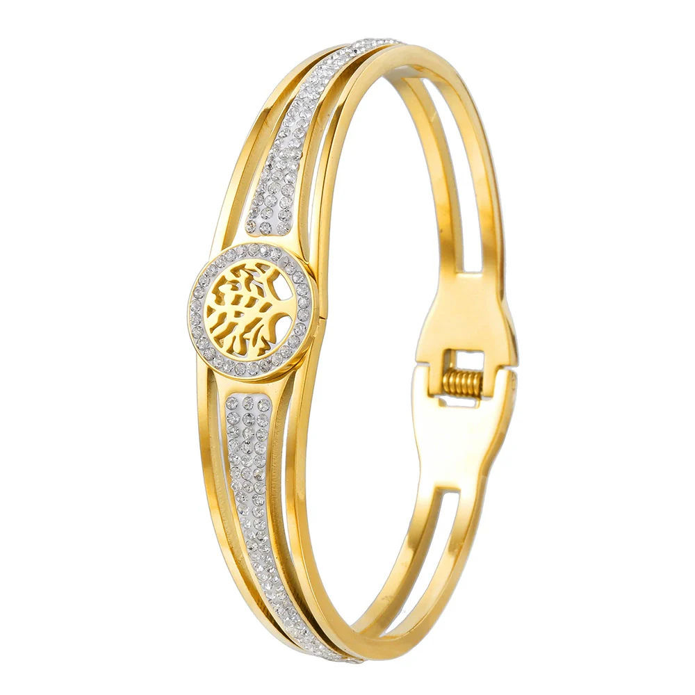 Wholesale Stainless Steel Hollow Inlaid Zircon Nonfading Geometric Electroplated Life Tree Unisex Bracelet