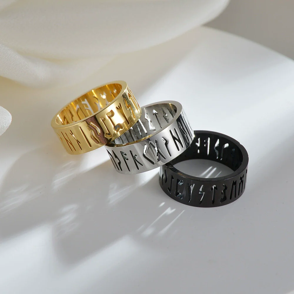 Wholesale Stainless Steel Hollow Ring With Viking Letter Pattern Electroplated For Men