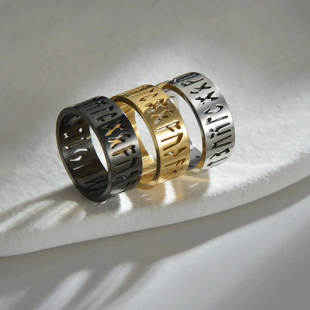 Wholesale Stainless Steel Hollow Ring With Viking Letter Pattern Electroplated For Men - Image 2