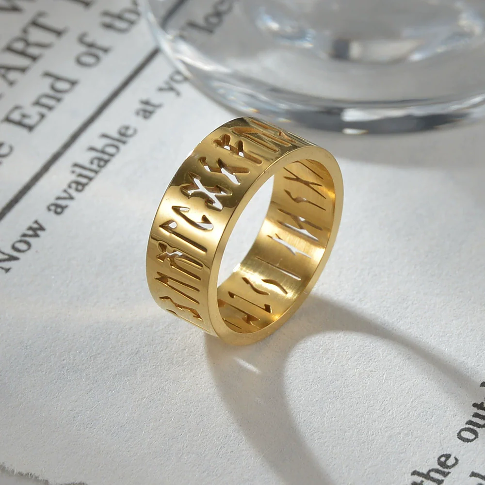 Wholesale Stainless Steel Hollow Ring With Viking Letter Pattern Electroplated For Men - Image 3