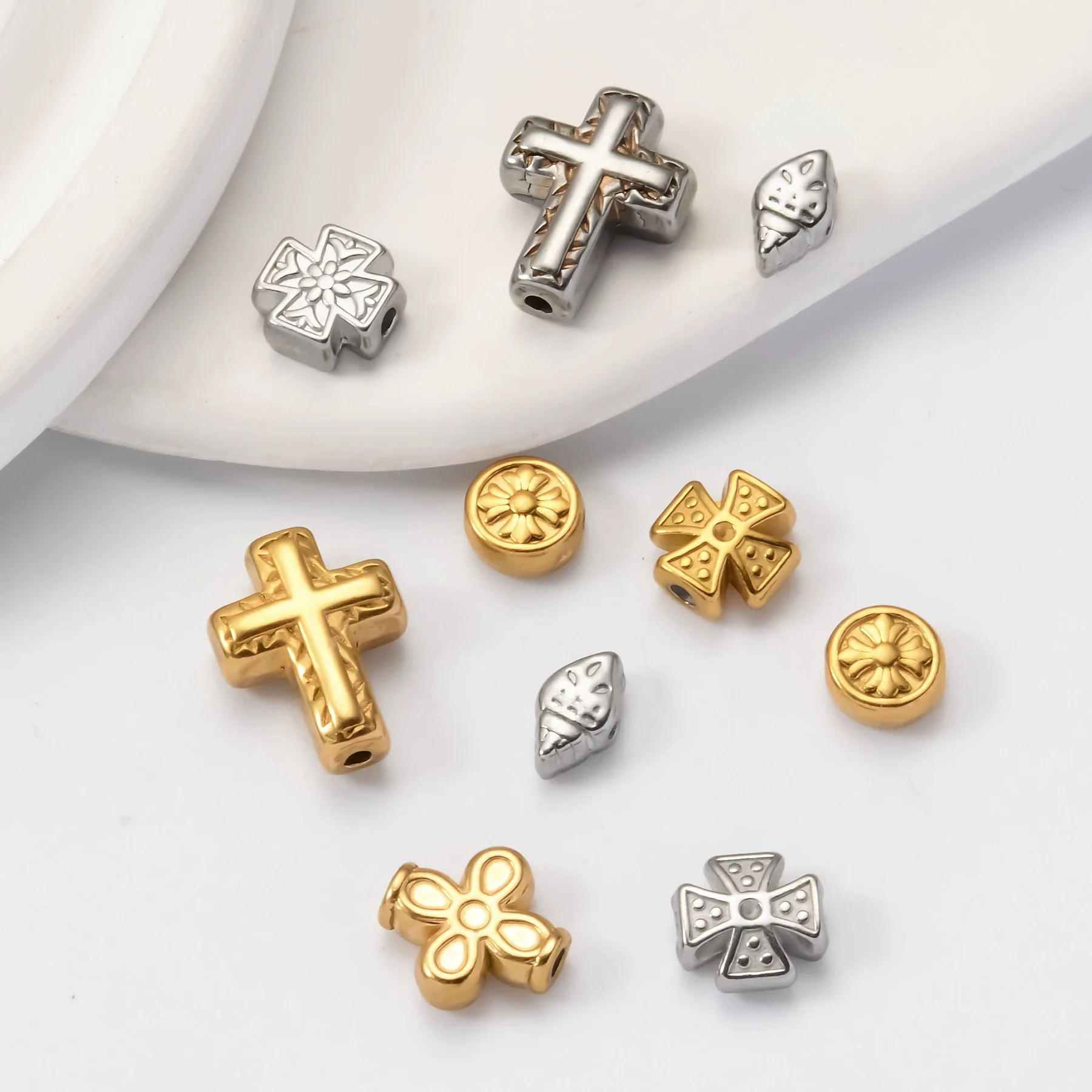 Wholesale Stainless Steel Jewelry Spacer Beads Accessories With Retro Cross Round Flower Conch Pattern And Colorpreserving Casting Electroplating Process - Image 4