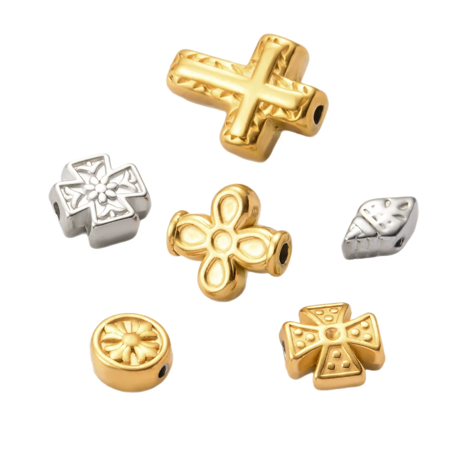 Wholesale Stainless Steel Jewelry Spacer Beads Accessories With Retro Cross Round Flower Conch Pattern And Colorpreserving Casting Electroplating Process - Image 5