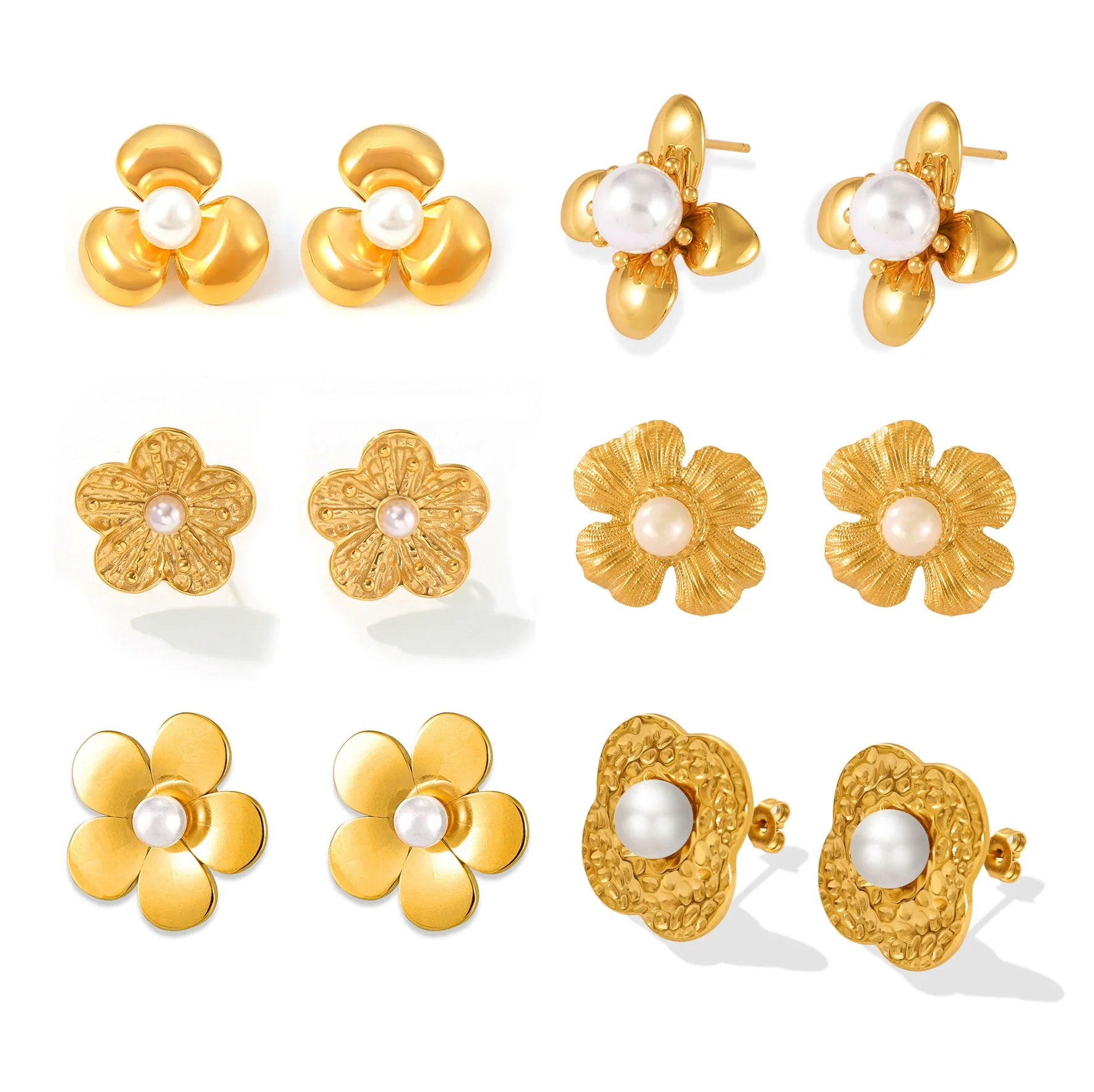 Wholesale Stainless Steel Light Luxury Geometric Petal Flower Inlaid Bead Earrings Electroplated 18K Gold For Women - Image 5