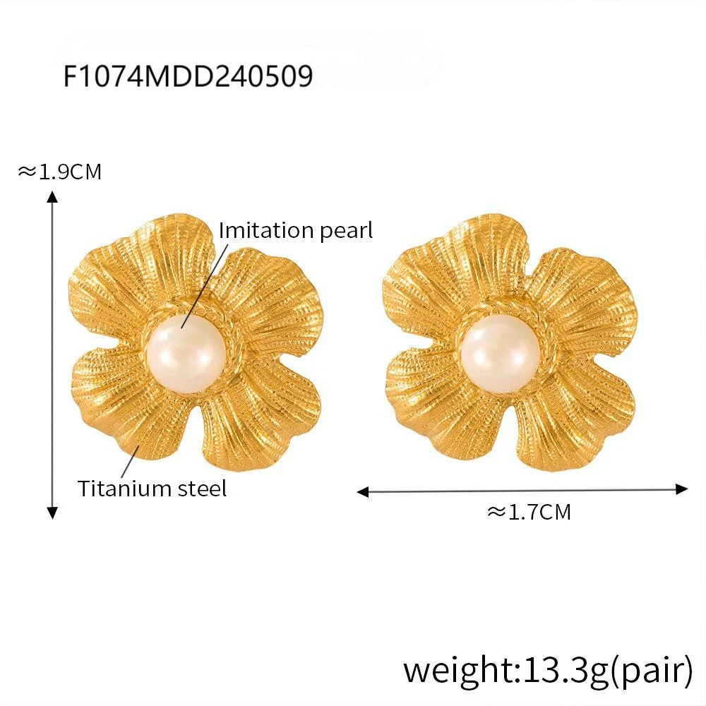 Wholesale Stainless Steel Light Luxury Geometric Petal Flower Inlaid Bead Earrings Electroplated 18K Gold For Women - Image 8