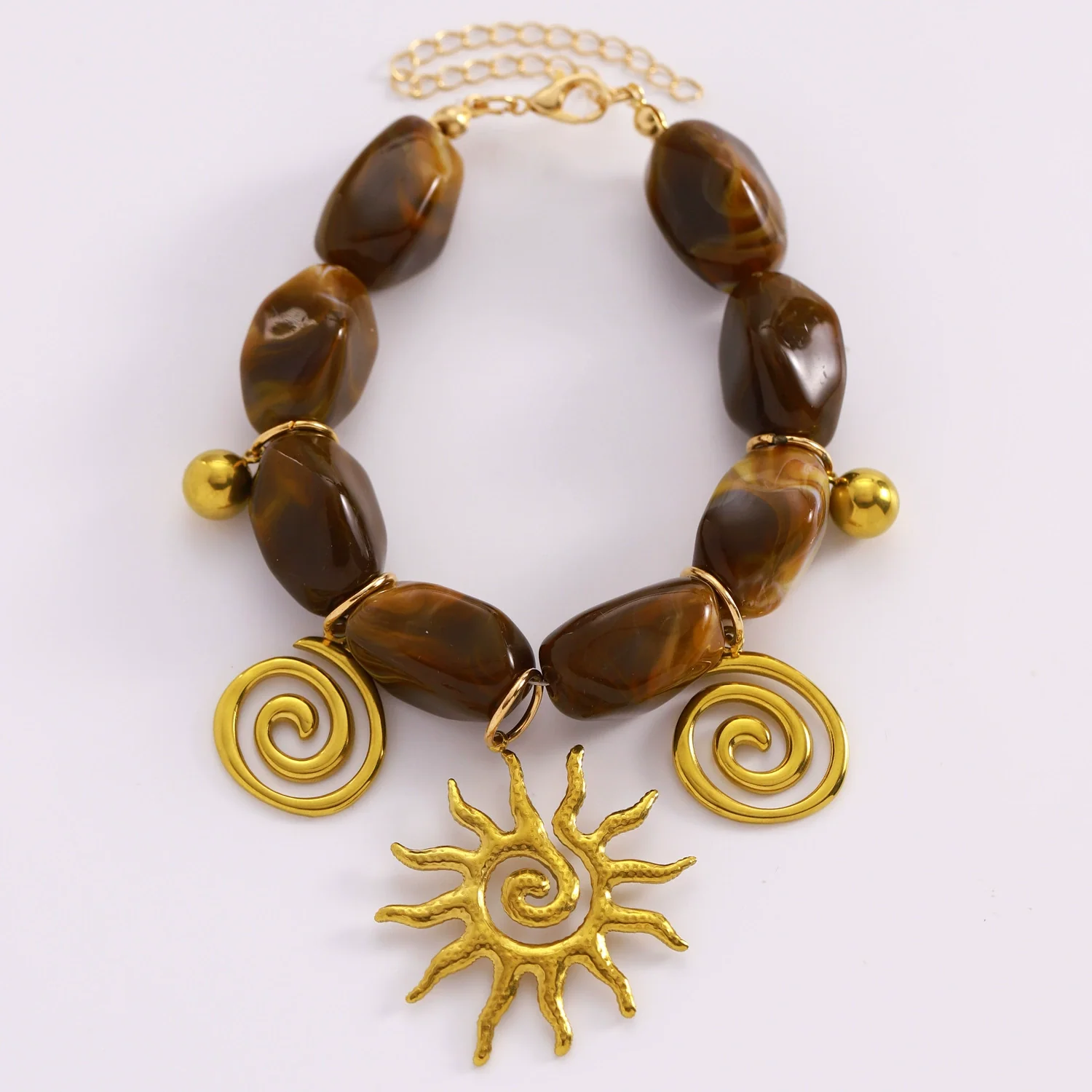 Wholesale Stainless Steel Maillard Retro Brown Beaded Bracelet With Bohemian Sun Pendant For Women - Image 5