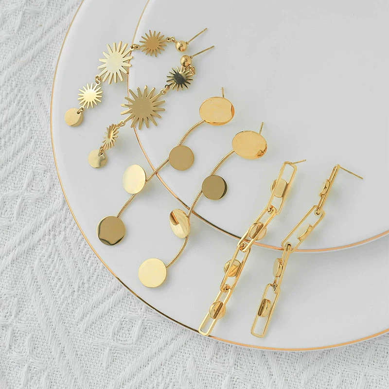 Wholesale Stainless Steel Retro Gold Round Tassel Geometric Women's Earrings With Electroplating - Image 3