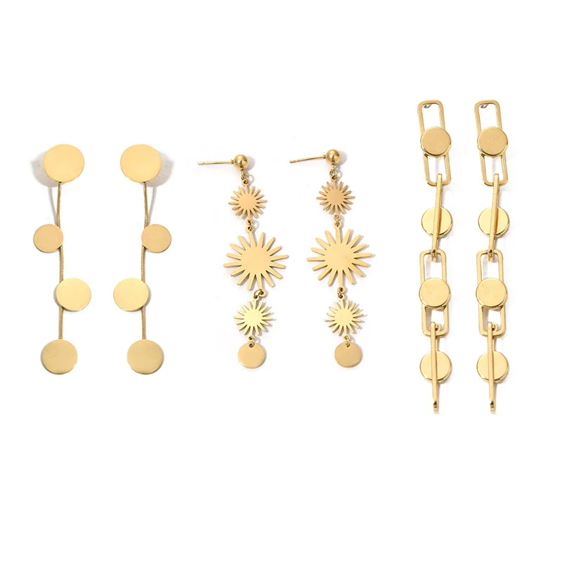 Wholesale Stainless Steel Retro Gold Round Tassel Geometric Women's Earrings With Electroplating - Image 4
