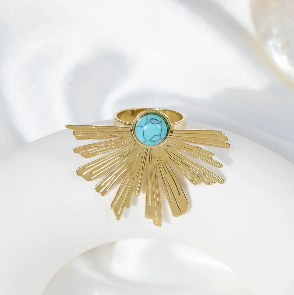 Wholesale Stainless Steel Retro High Street Ring With Inlaid Blue Turquoise In Radial Tree Shape And Electroplating Treatment - Image 4