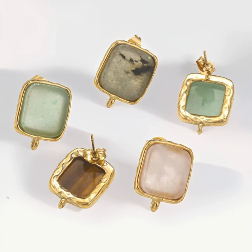 Wholesale Stainless Steel Square Open Ring Natural Stone Earrings 18K Gold Plated Electroplated Fashion Accessories - Image 2