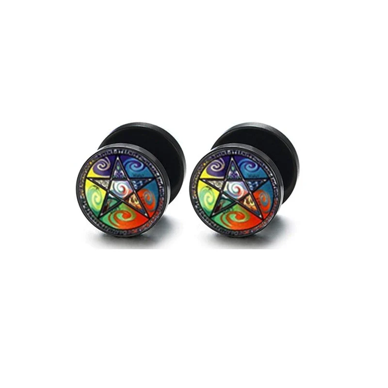 Wholesale Stainless Steel Star Pattern Retro Round Barbell Fashion Personality Ear Clip Earrings For Men And Women - Image 3