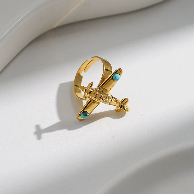 Wholesale Stainless Steel Turquoise Inlay Aircraft Opening Ring Electroplated Fashion Retro Jewelry Accessories For Women - Image 2