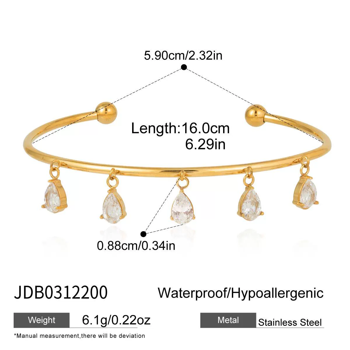 Wholesale Stainless Steel Water Drop Zircon Tassel Cross Bracelet 18K Gold Electroplated Jewelry - Image 6