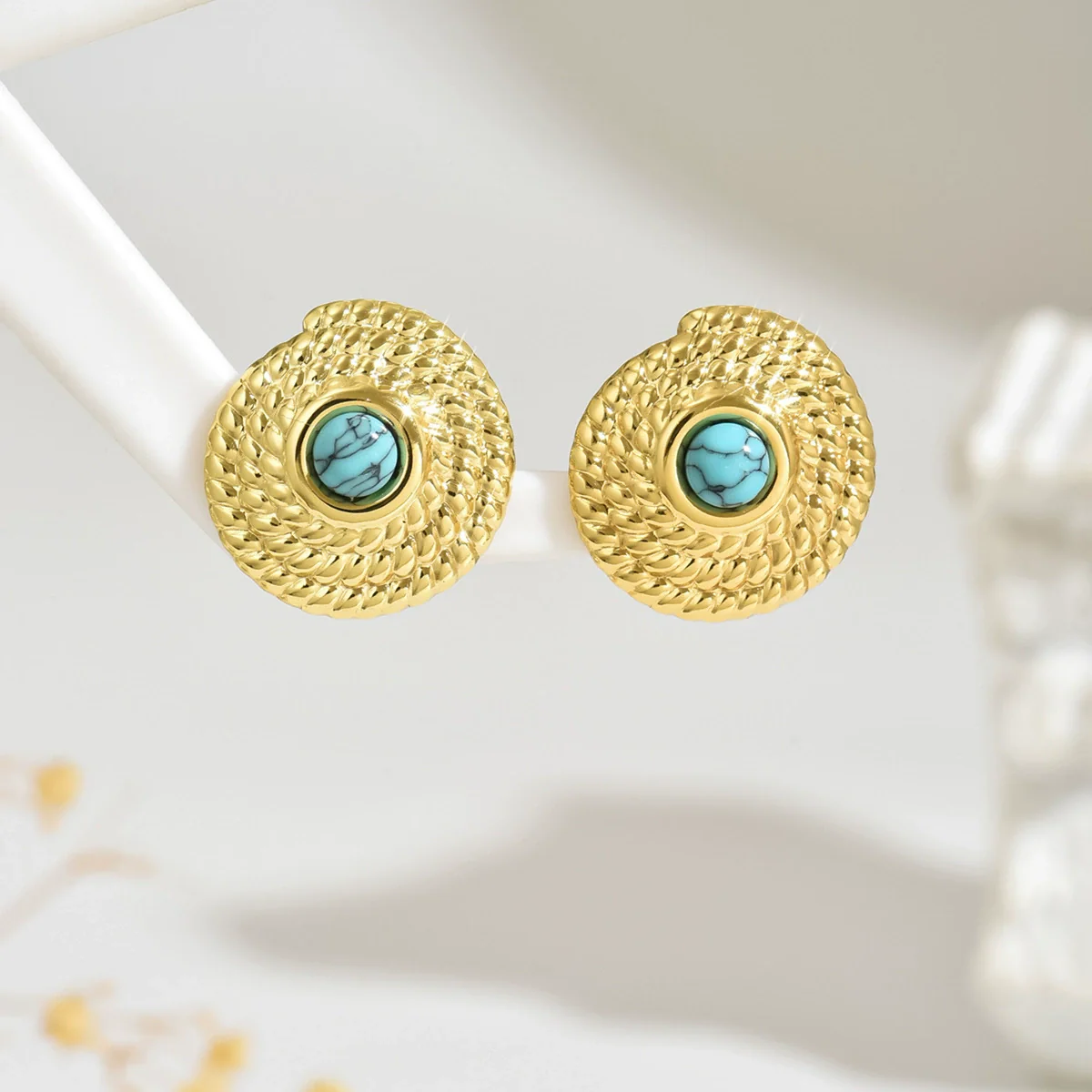 Wholesale Stamped Geometric Blue Turquoise Stainless Steel Earrings For Women - Image 3