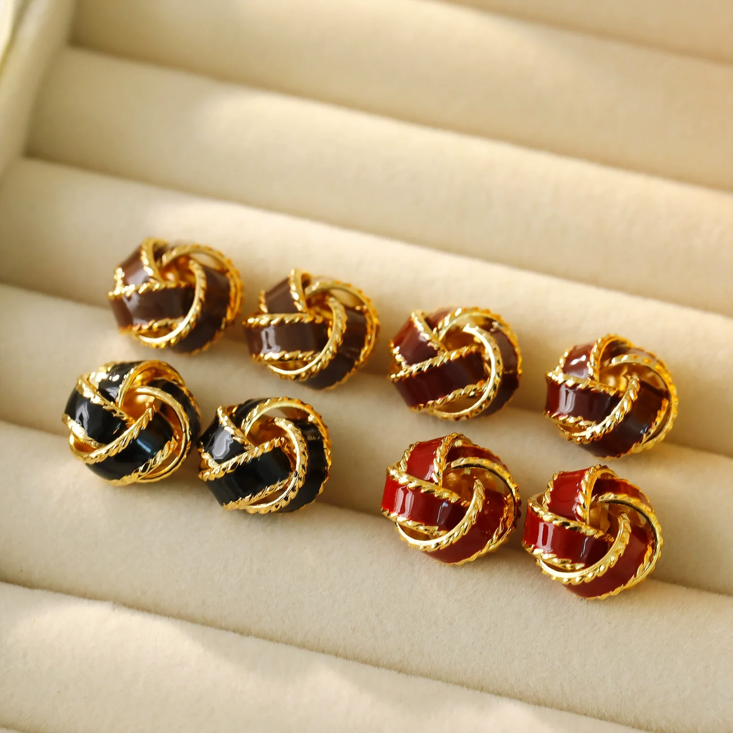 Wholesale Stud Earrings Copper Geometric Red Drop Glaze Knotted Circle Electroplated For Women - Image 2