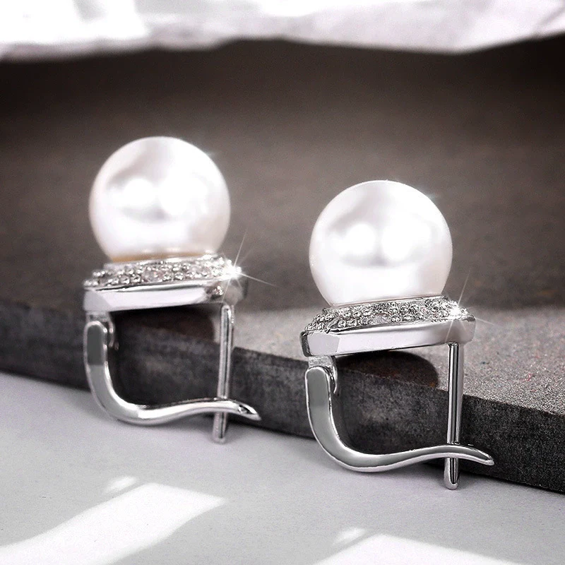 Wholesale Stud Earrings Copper Geometric Round Zircon Artificial Pearl For Women - Image 2
