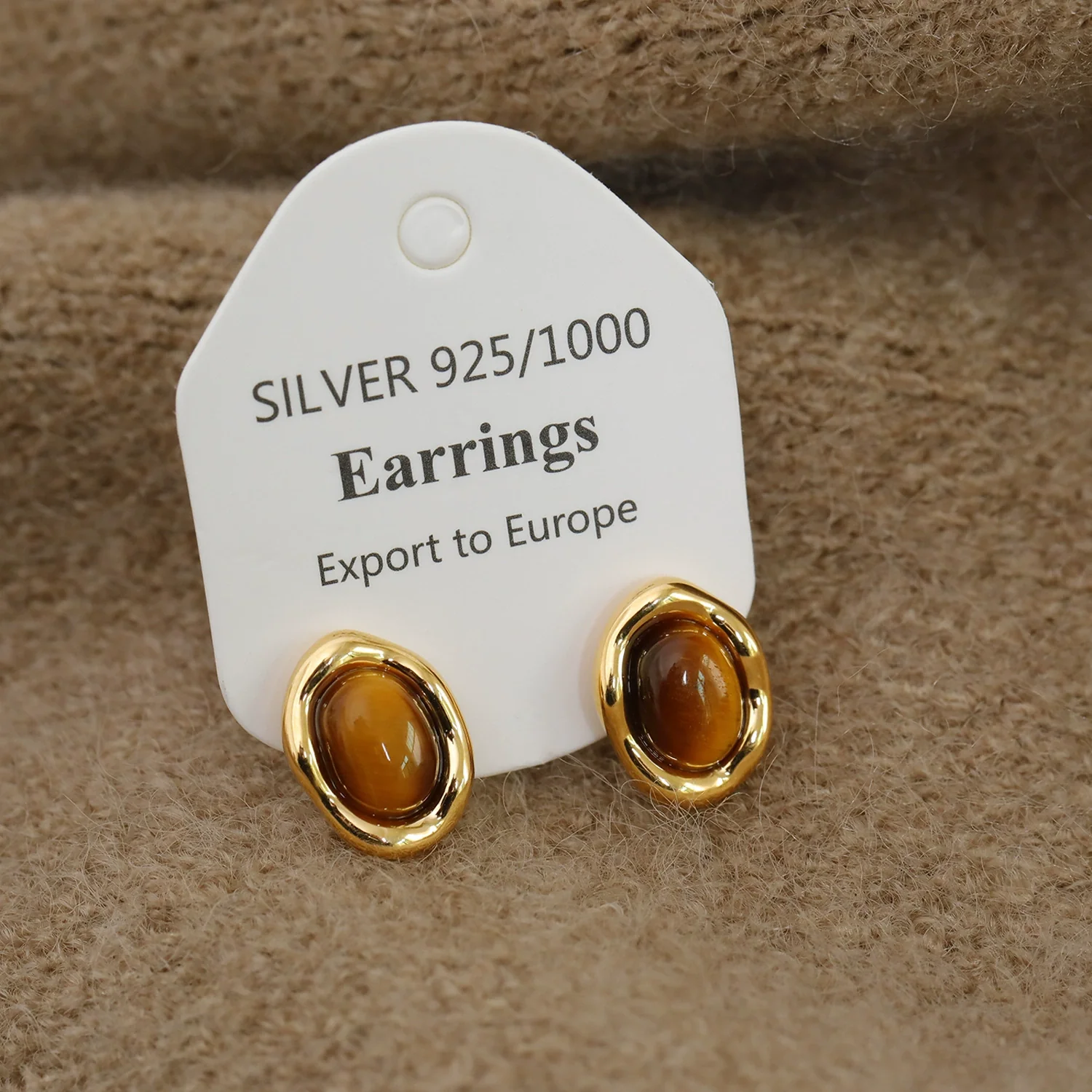 Wholesale Stud Earrings Copper Geometric Style Electroplating Tiger Eye Stone Ear Jewelry For Women - Image 3