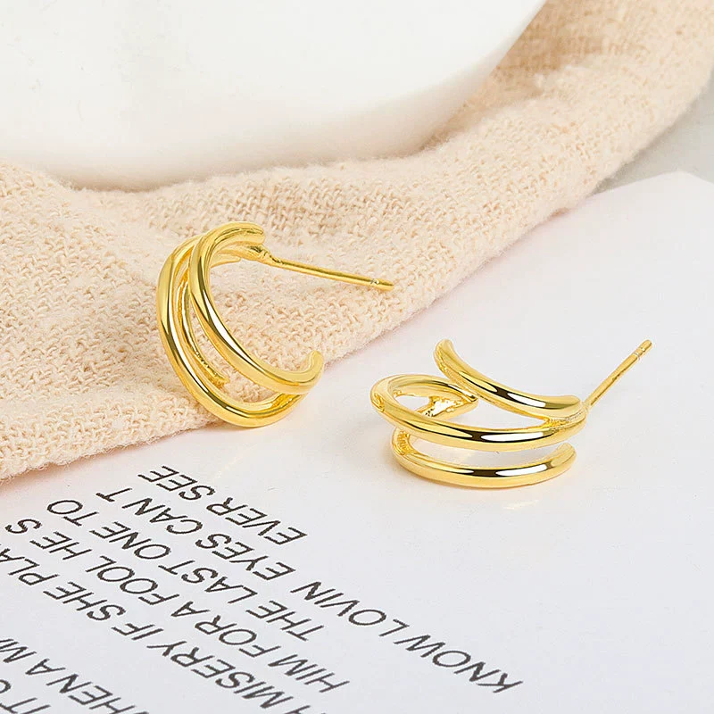 Wholesale Stud Earrings S925 Sterling Silver Geometric Multi Layer Ring Circle Gold Plated Female Earrings - Image 6