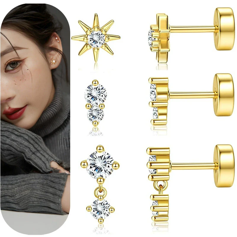 Wholesale Stud Earrings Stainless Steel Geometric Real Gold Electroplated Zirconia Light Luxury Style