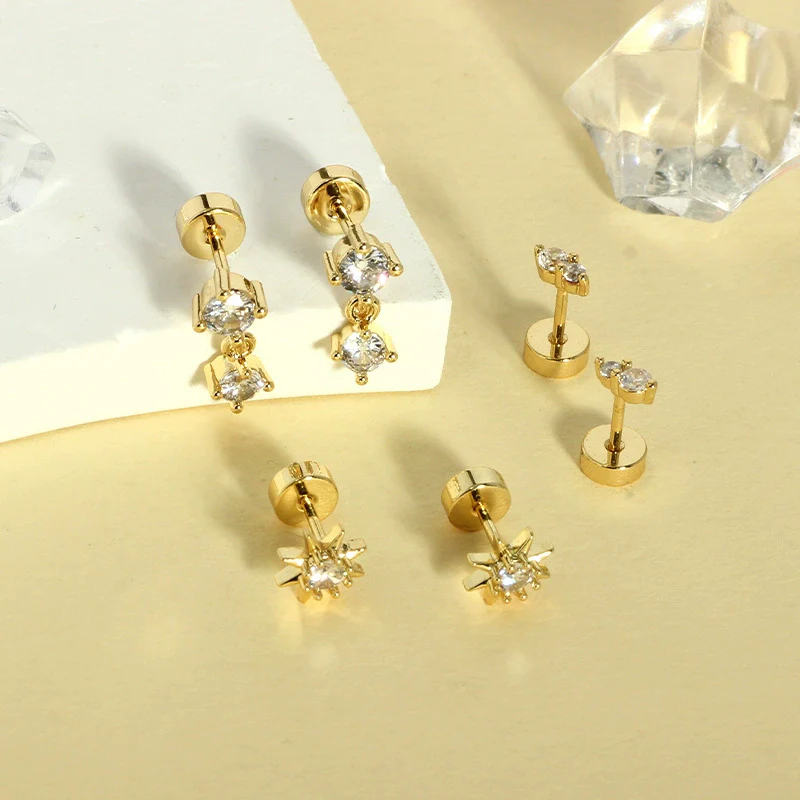 Wholesale Stud Earrings Stainless Steel Geometric Real Gold Electroplated Zirconia Light Luxury Style - Image 2