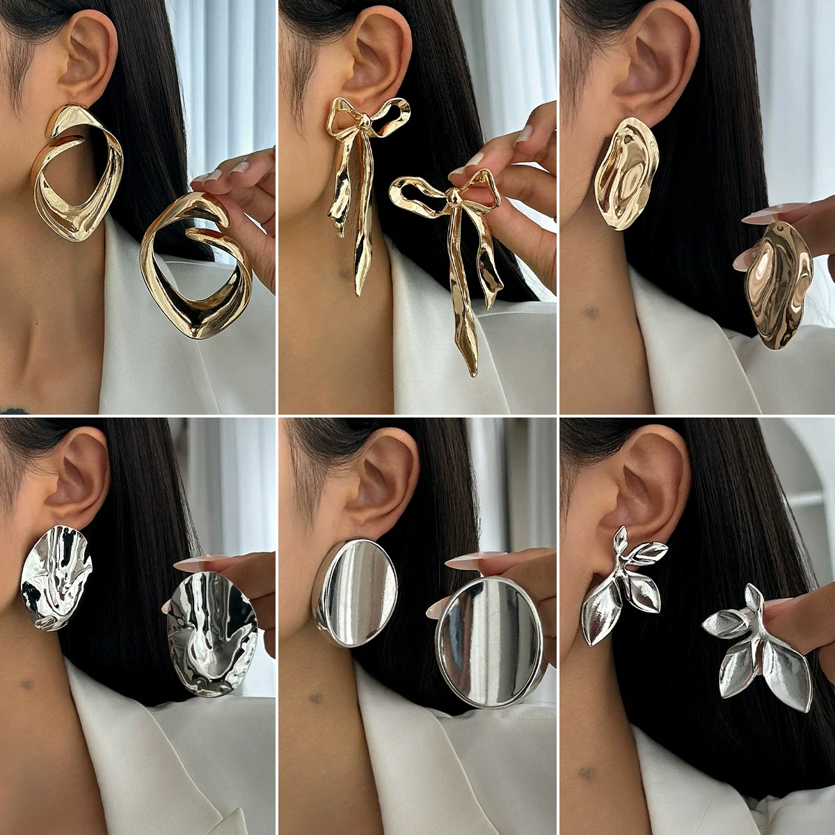 Wholesale Stud Earrings Zinc Alloy Geometric Irregular Fold Corrugated Smooth Petal Bow Style With Stainless Steel Ear Needles And Electroplating
