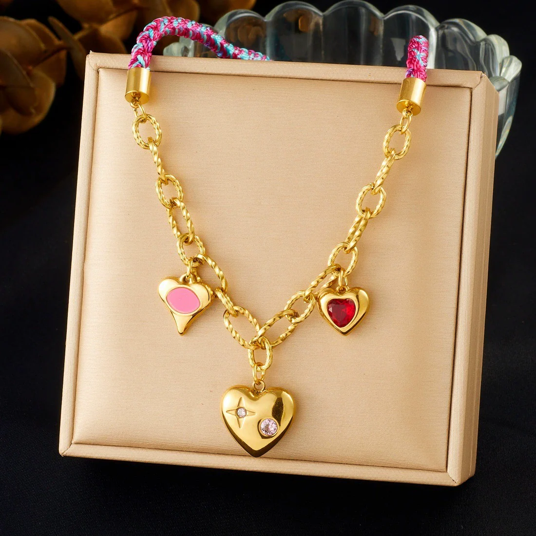 Wholesale Sweet And Cool Style Electroplated Stainless Steel Heartshaped Handwoven Rope Chain Necklace For Women