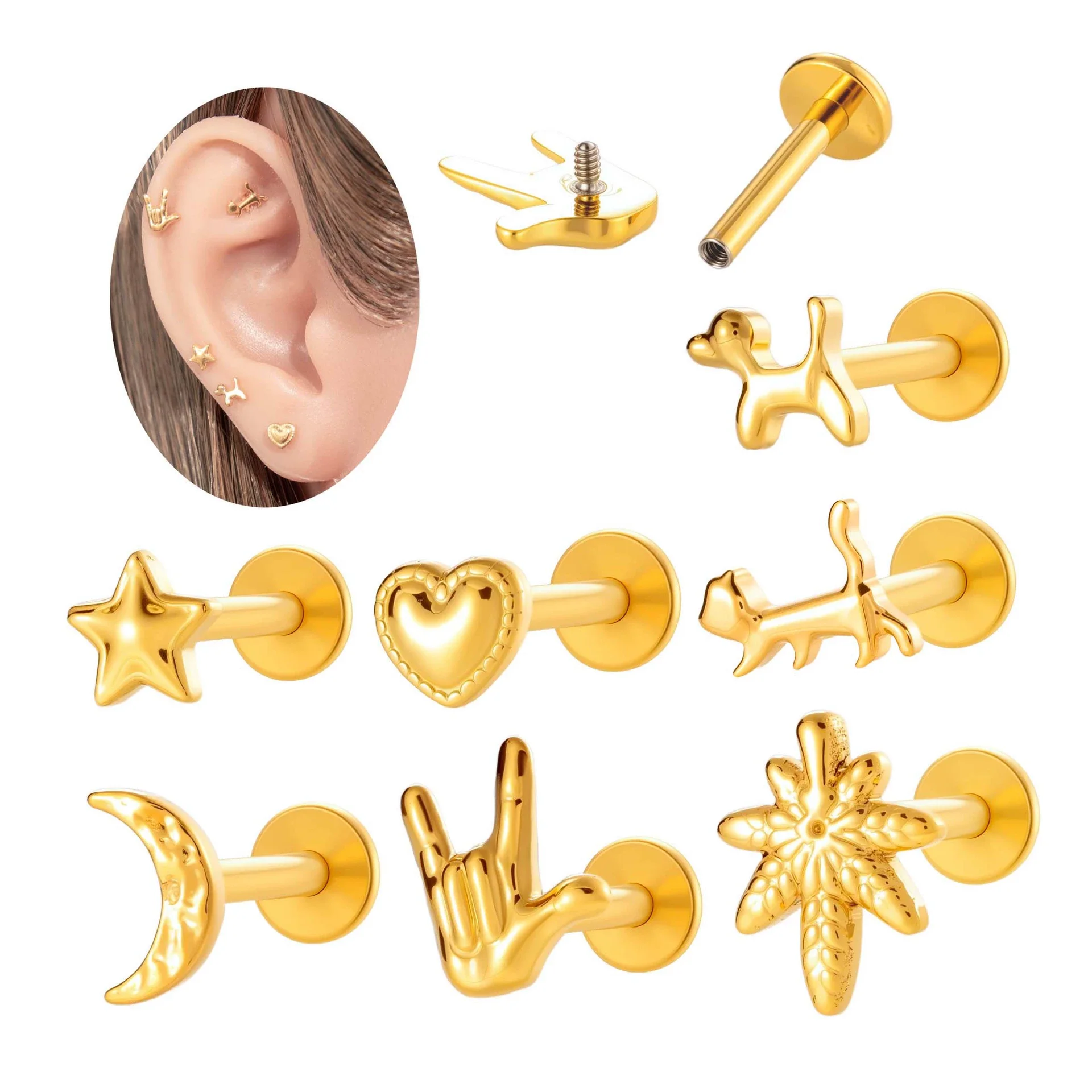 Wholesale Titanium Alloy Heart Shape Piercing Jewelry For Women Electroplated Inner Tooth Screw Rod Lip Nail Ear Bone Nail