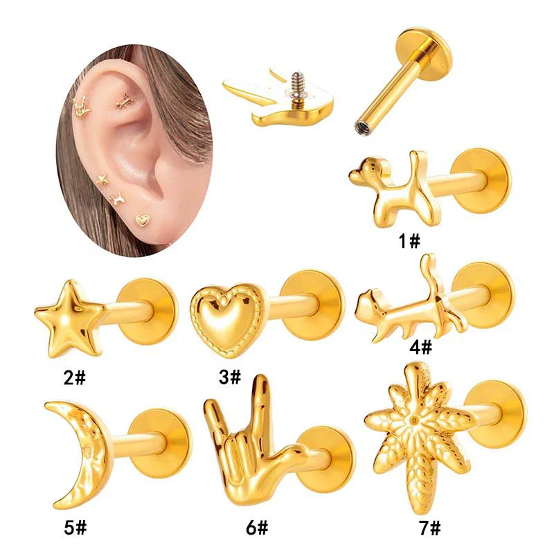 Wholesale Titanium Alloy Heart Shape Piercing Jewelry For Women Electroplated Inner Tooth Screw Rod Lip Nail Ear Bone Nail - Image 2
