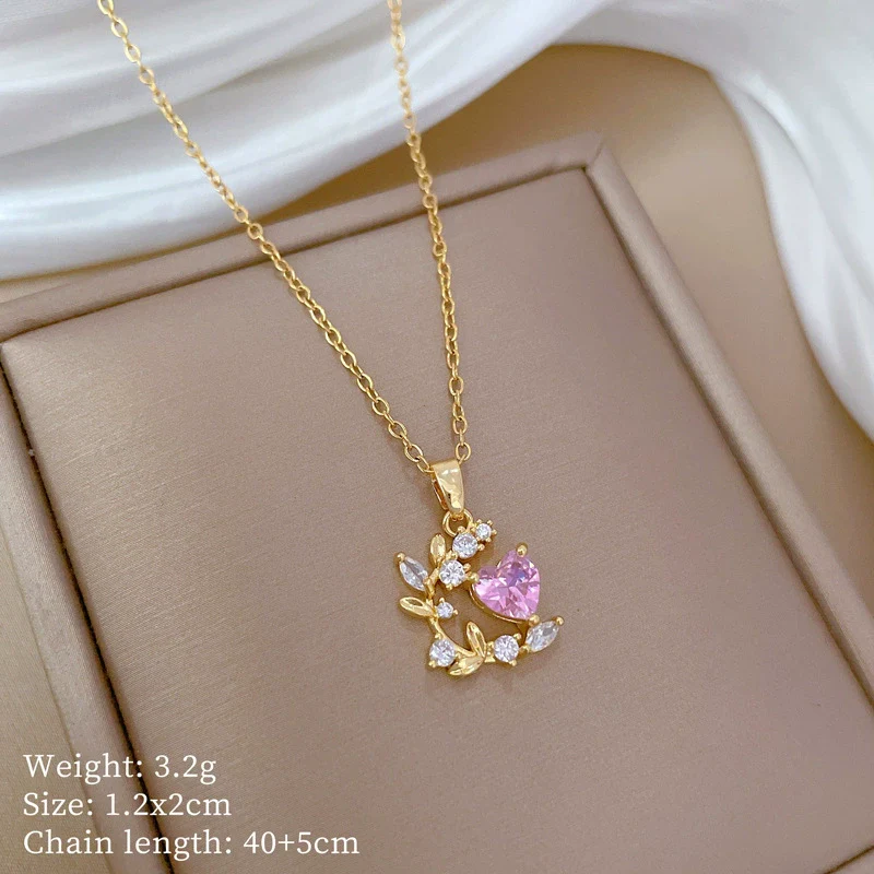 Wholesale Titanium Steel And Copper Geometric Love Leaf Zircon Diamond Necklace For Women - Image 6