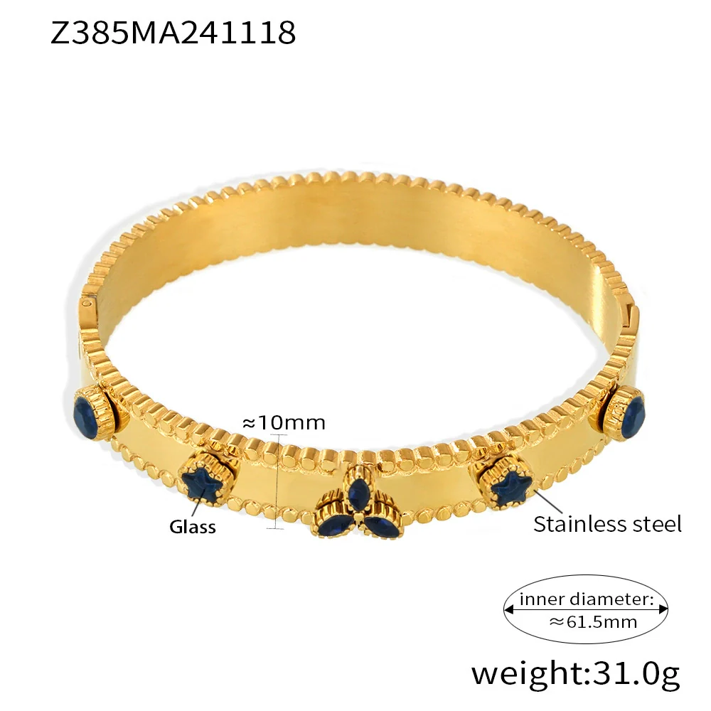 Wholesale Titanium Steel Bracelet With Clover Zircon Czech Glass Flower Buckle And Gear Design 18K Gold Plated - Image 10