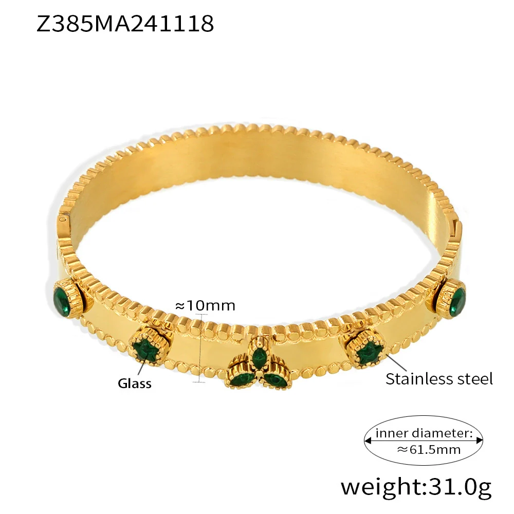 Wholesale Titanium Steel Bracelet With Clover Zircon Czech Glass Flower Buckle And Gear Design 18K Gold Plated - Image 8