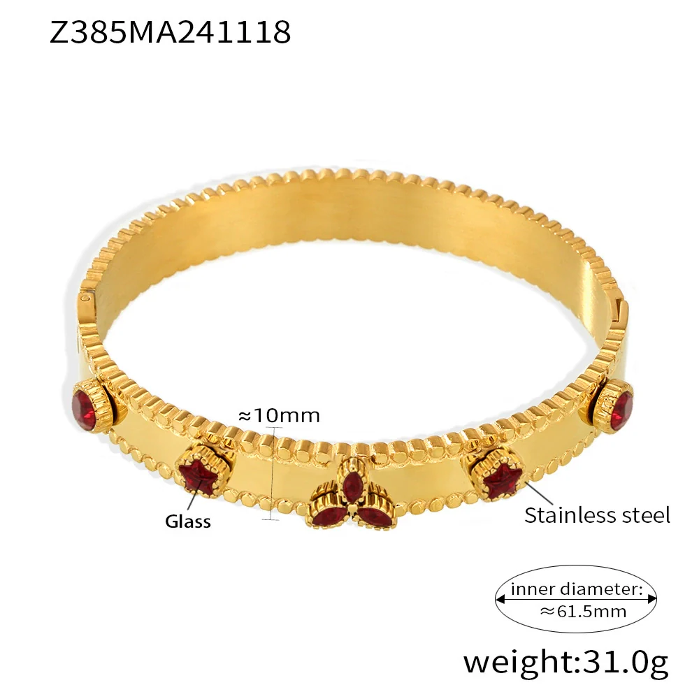 Wholesale Titanium Steel Bracelet With Clover Zircon Czech Glass Flower Buckle And Gear Design 18K Gold Plated - Image 9