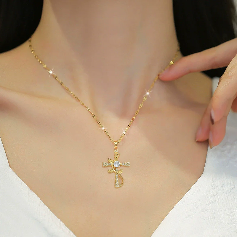 Wholesale Titanium Steel Cross Flower Necklace With Zirconium For Women Cartoon Style Geometric Pattern - Image 2