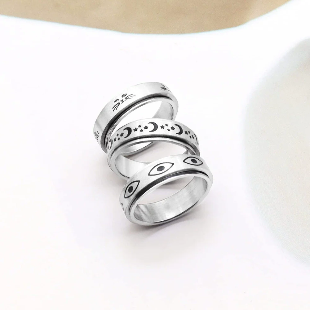 Wholesale Titanium Steel Decompression Rotating Star And Moon Ring With Geometric Style And Letters Numbers Text Pattern For Couple