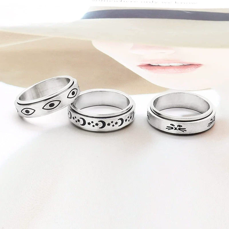 Wholesale Titanium Steel Decompression Rotating Star And Moon Ring With Geometric Style And Letters Numbers Text Pattern For Couple - Image 2
