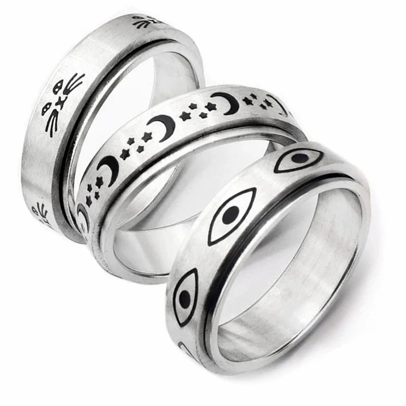 Wholesale Titanium Steel Decompression Rotating Star And Moon Ring With Geometric Style And Letters Numbers Text Pattern For Couple - Image 4