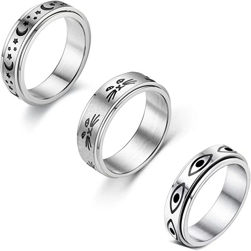 Wholesale Titanium Steel Decompression Rotating Star And Moon Ring With Geometric Style And Letters Numbers Text Pattern For Couple - Image 5