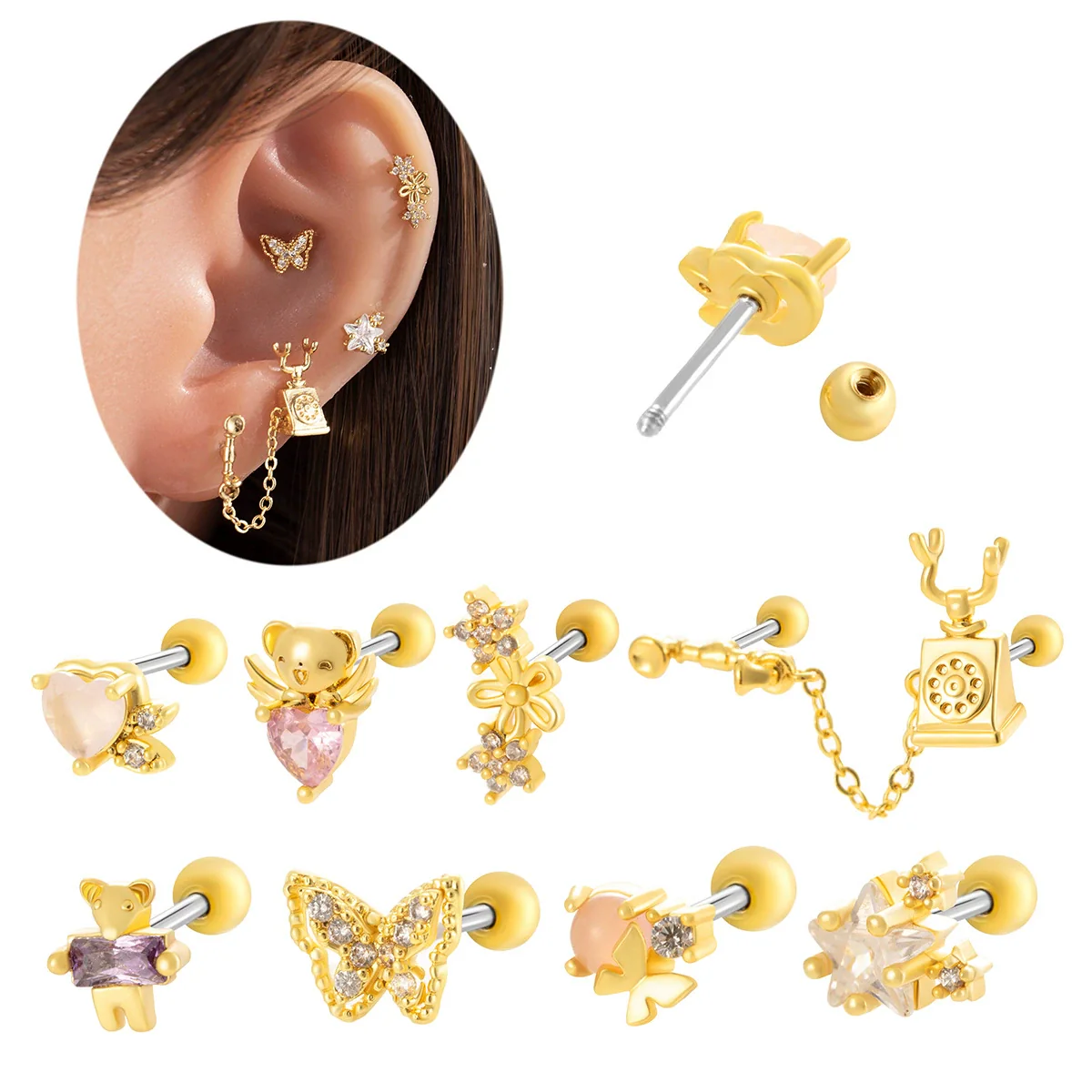Wholesale Titanium Steel Flower Pattern Electroplated Women's Cartilage Earrings - Image 5