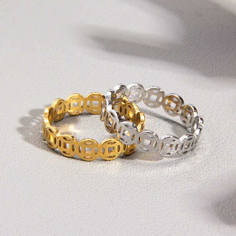 Wholesale Titanium Steel Geometric Copper Coin Shape Electroplated Couple Ring - Image 3