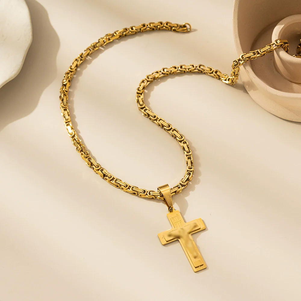 Wholesale Titanium Steel Geometric Cross Pendant Necklace With String Of Pearls Chain For Men Electroplated - Image 8