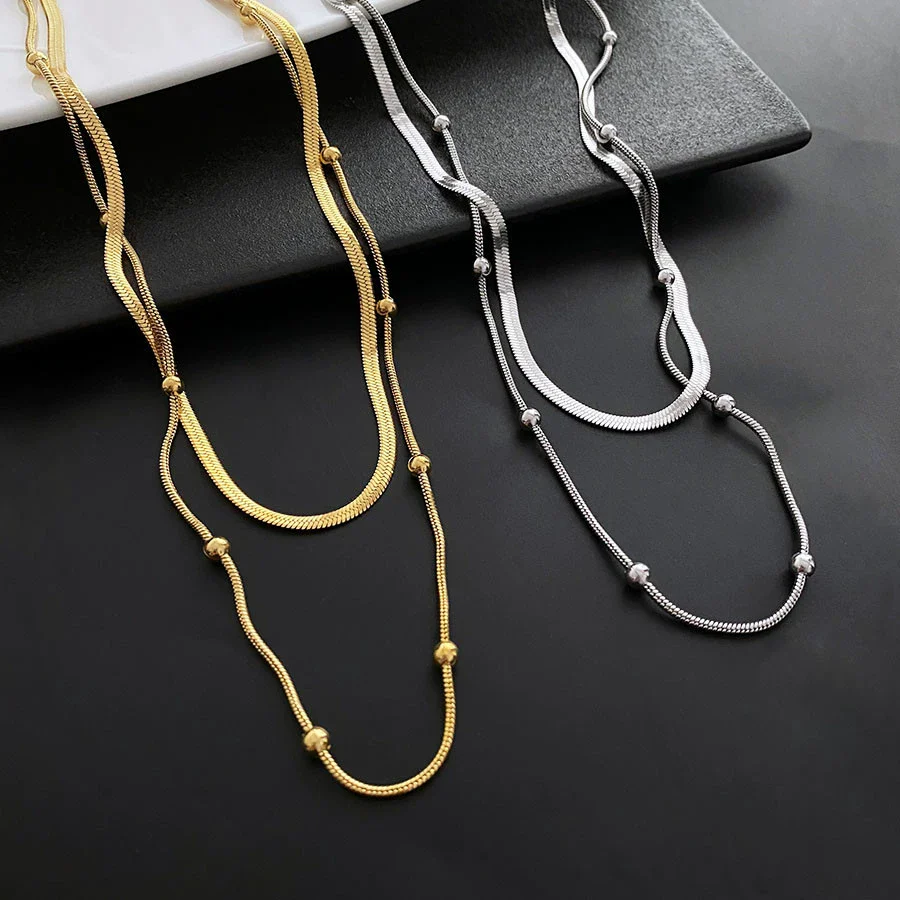 Wholesale Titanium Steel Geometric Doublelayer Clavicle Necklace For Women With Electroplating