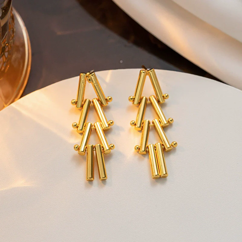 Wholesale Titanium Steel Geometric Electroplated Triangle Cylindrical Stitching Design Women's Earrings - Image 5