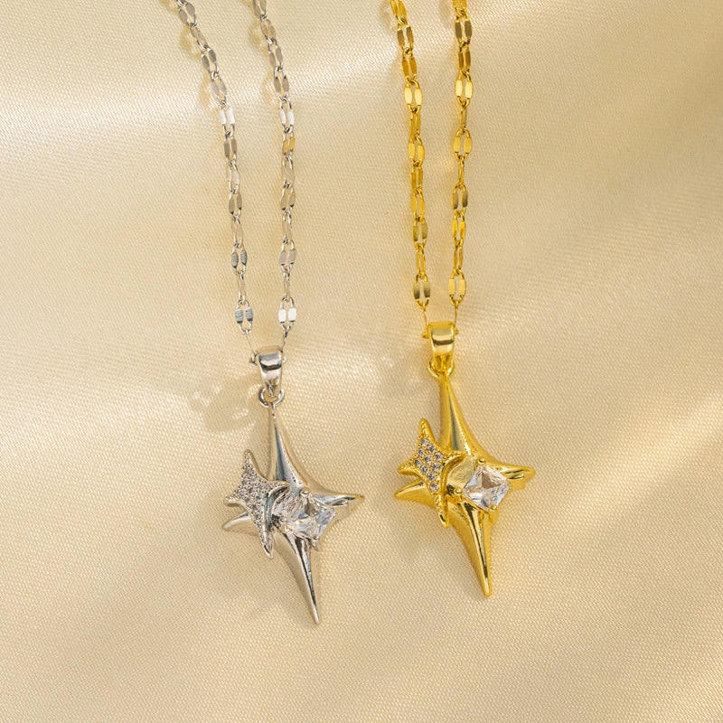 Wholesale Titanium Steel Geometric Fourangle Star Cross Hip Hop Pendant Necklace For Women