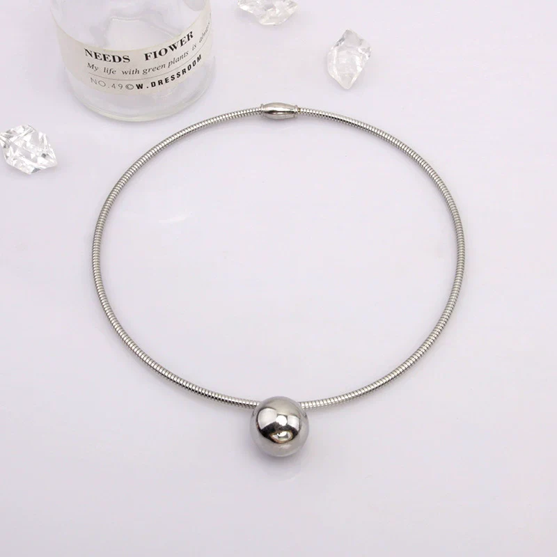 Wholesale Titanium Steel Geometric Metal Ball Pendant Necklace For Women With Water Wave Chain - Image 4